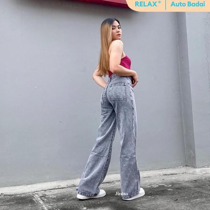 Hose- Jiniso Relax - 775 Kulot Highwaist Celana Jeans Wanita Warna Snow Grey