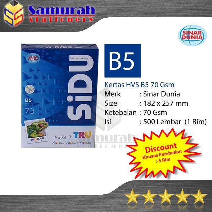 Packen- Kertas Hvs Sinar Dunia B5 70 Gsm / Hvs Sidu B5 70 Gram / Kertas Hvs Putih Sidu B570 Gsm / B5