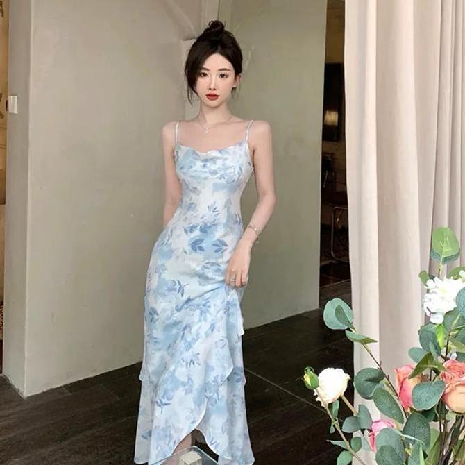 7863 sky blue dress korean gaun korean style long dress  wanita dress elegant dan mewah party dress 