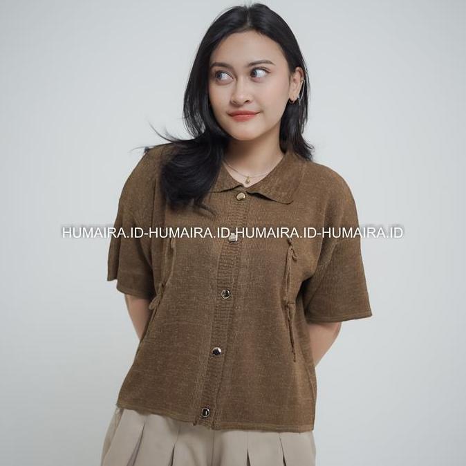 JUNE Baju Rajut Atasan Wanita Kancing Hidup Lengan Pendek Korean Style