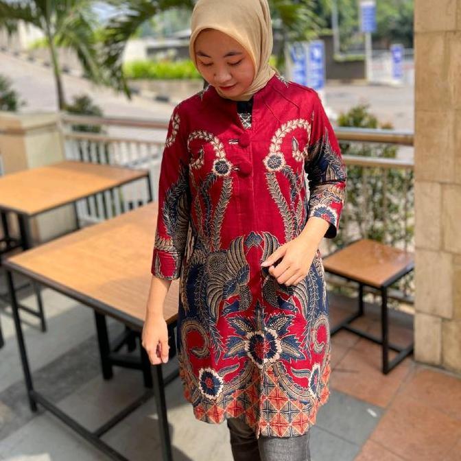 Uprelig- Batik Tunik Atasan Wanita Kancing Depan Motif Merah Maroon Burung Kembar Bahan Katun