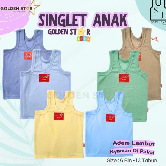 Clothes- 1 Lusin /6 Pcs Singlet Kaos Dalam Anak Umur 0 - Anak Abg Golden Star Putih - Singlet Kaos D
