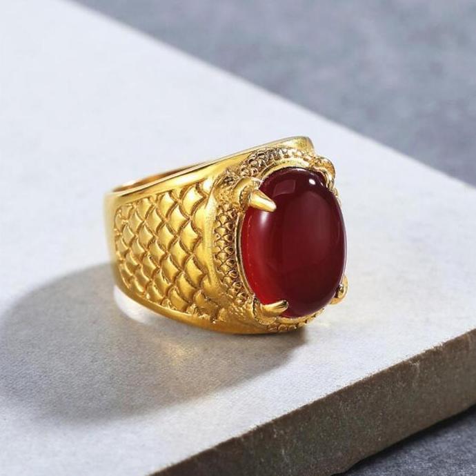 Fashion Pria Empat Cakar Cincin Naga Emas Cincin Naga Emas Vintage Pola Skala Naga Emas Merah Hijau 