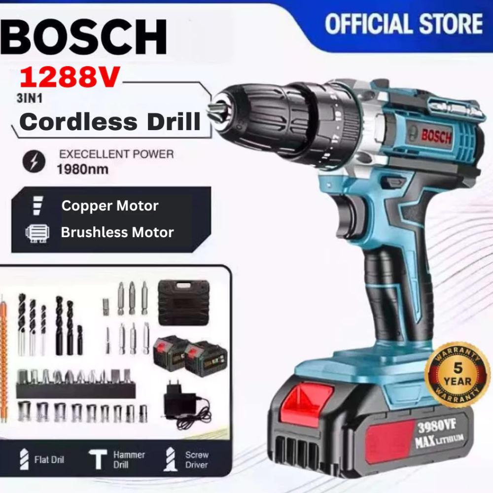 MURAH (COD) BOSCH Cordless Hand Drill / Bor Tembok Baterai (2 Set Baterai) - Bor Listrik Set Lengkap