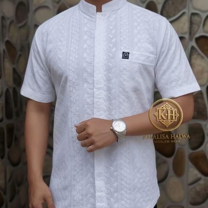 promo koko bordir full katun paris putih bersih model panjang pendek | koko pria putih