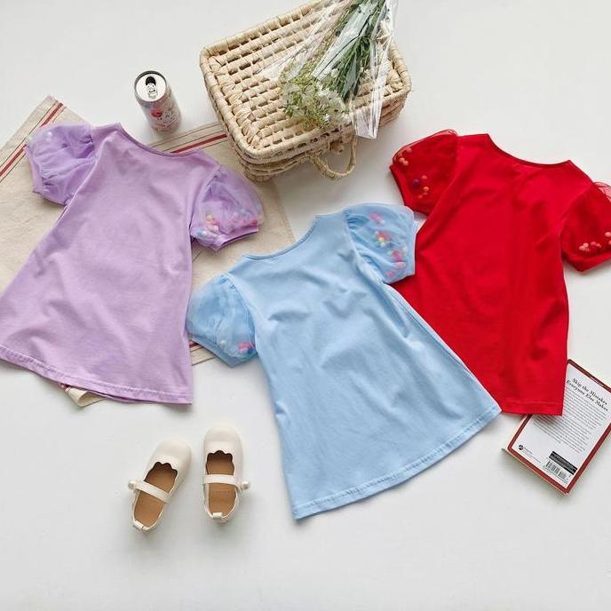 [KIDSFASHIONKOLEKSI] Dress Tshirt Anak Perempuan Motif Collar Princess Lengan Balon Tile Bola