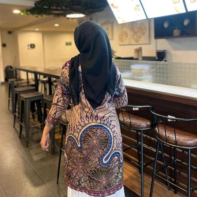 Batik Tunik model kancing depan bahan katun halus lembut lapis furing Trikot motif ungu coklat