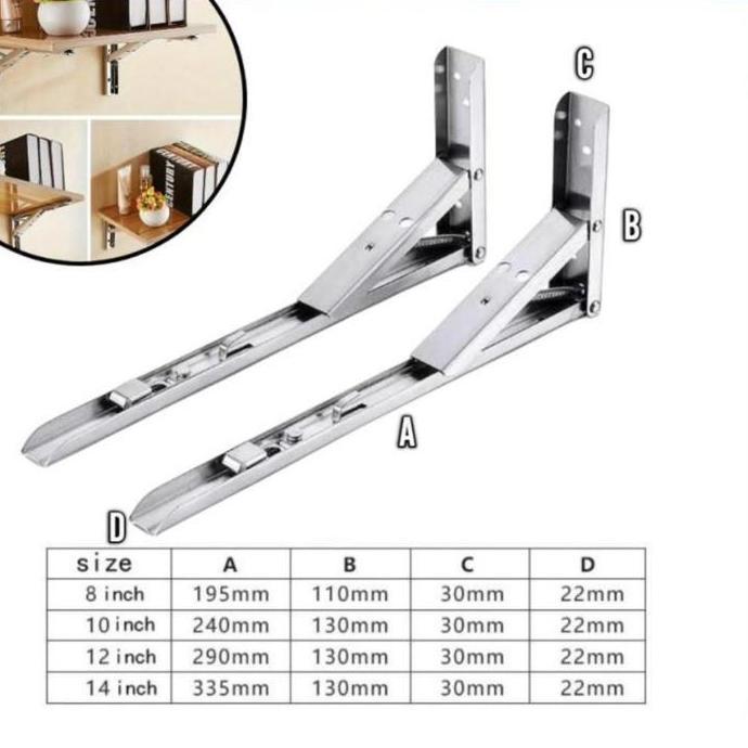 SRALANE Bracket Engsel Siku Meja Lipat Dinding Max Load 65 kg 8 10 12 14 Inch 2PCS Stainless Steel K