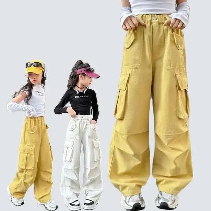 Celana Cargo Anak Perempuan Stylish Korean Streetwear Gombrong Hitam Pink Army Khaki Putih Tulang un
