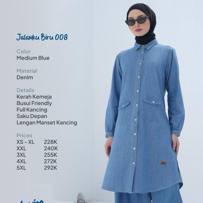 Nibras Tunik Terbaru Bahan Denim Jalanku Biru 008 Medium Blue Full Kancing Formal Stylish