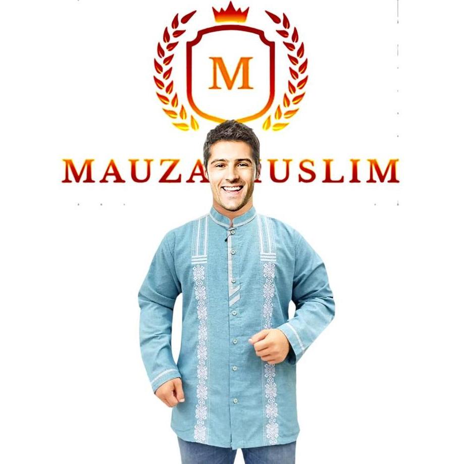 New MAUZA MUSLIM Baju Koko Pria Dewasa Lengan Panjang Motif Bordir Bahan Katun Cordova Kancing full 
