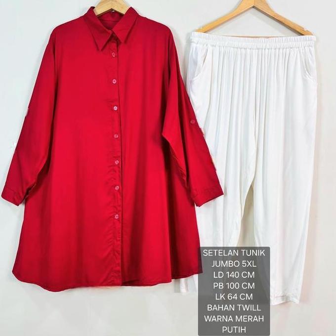 Setelan Tunik Jumbo Ld 140 Cm Warna Merah Putih Model Polos Kekinian - Anaya One Set