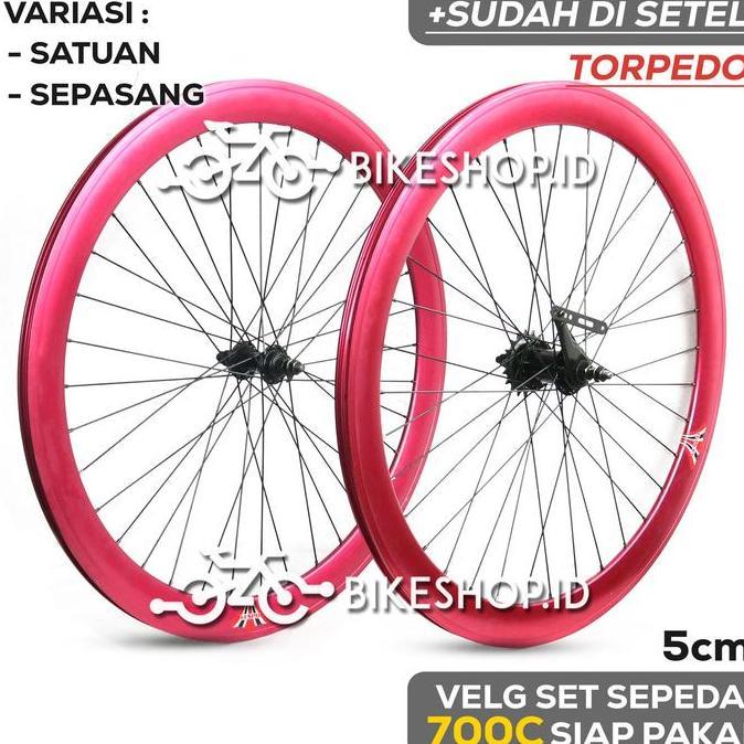 Velg Set Sepeda 700C 5CM MERAH MAGENTA BELAKANG TORPEDO / DEPAN Alloy Rims Roda Siap Jadi Fixie Bala
