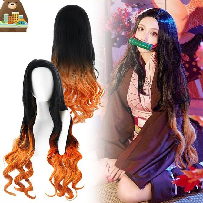 LEONAB Nezuko Cosplay Wig Demon Slayer Dewasa Anak Halloween