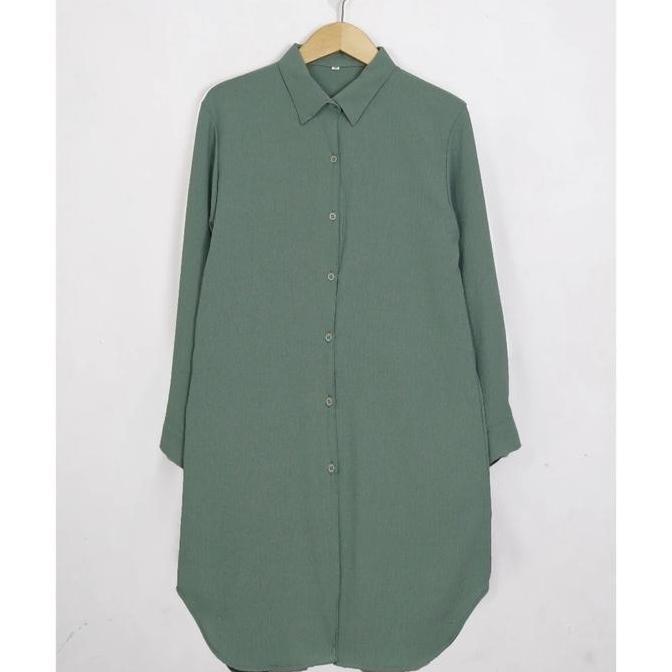 OOTD kemeja tunik polos wanita lengan panjang jumbo Atasan Muslim Panjang Kancing Hitam Oversize OOT