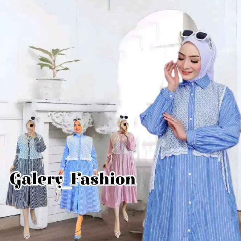 Sales Gamis Motif Garis-Garis Midi Dress Salur Mix Burkat Depan/Midi Dress Salur Busui Friendly/Gami