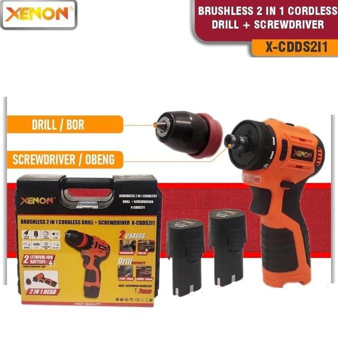 YOGSIXO XENON CDDS2i1 mesin bor cordless 2in1 DRILL + SCREWDRIVER BRUSHLESS 12V bor baterai 10mm PES