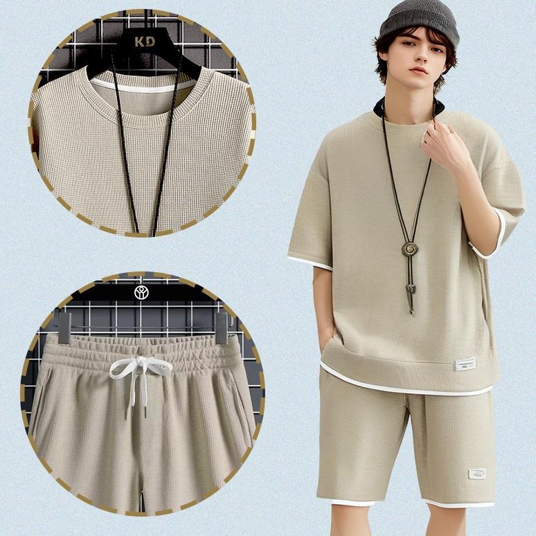 HOT Baju setelan pria 2025 korean Baju Pantai Pria Baju celana pria 1 set Kasual kain waffle baju pr