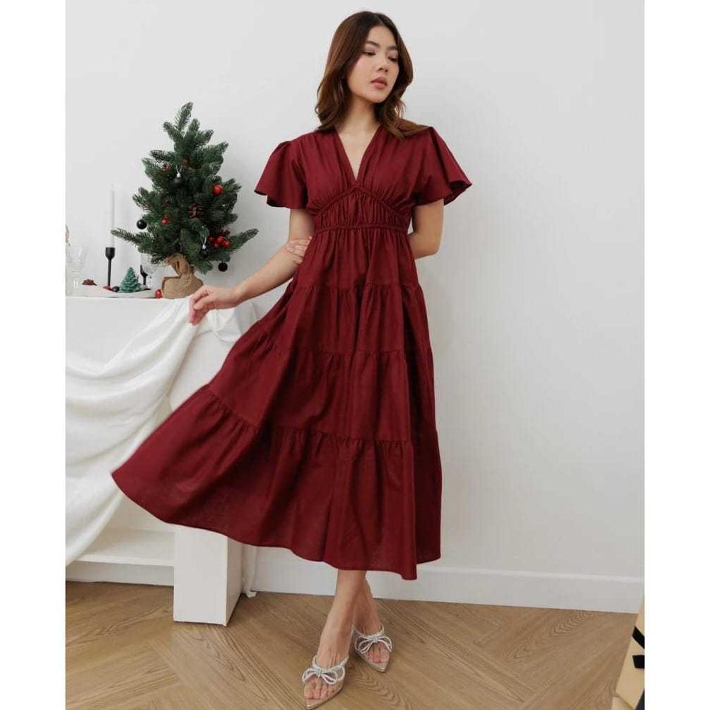 Exclusive Megan Midi Dress Wanita Rok Susun Leher V Tangan Pendek Korean Style Bahan Rayon Twill