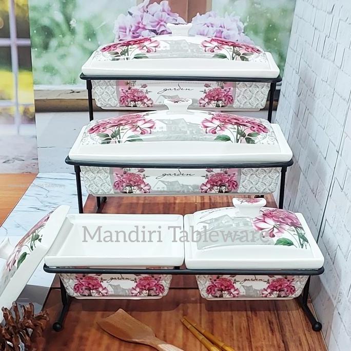 4 Set Prasmanan Persegi Keramik | Model 3 Tingkat | Mangkok Lauk | Motif Garden | Premium Quality DS