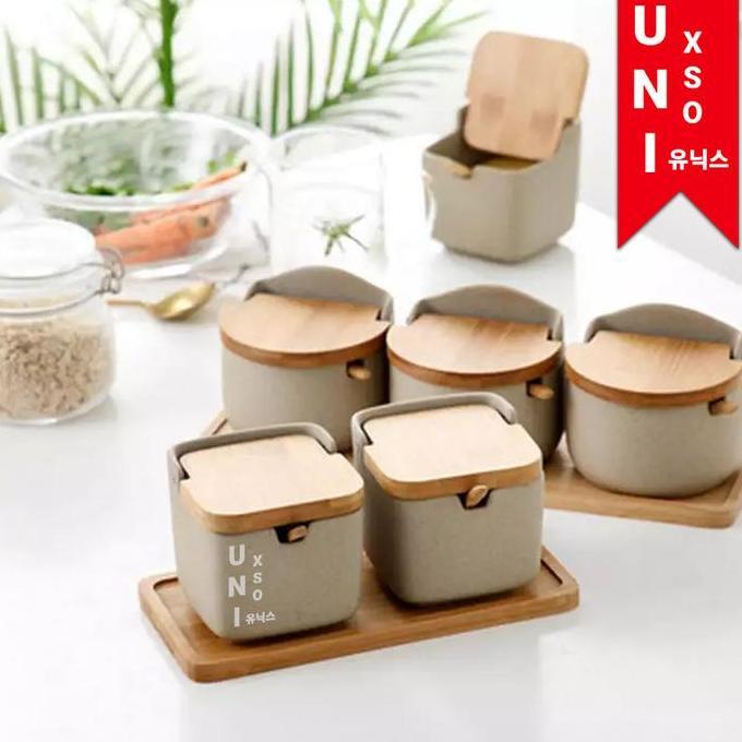 Unixso Japanese Korean Cute Unique Pottery Spice Oil Jar Set Bamboo Wood | Tempat Bumbu Minyak Dapur