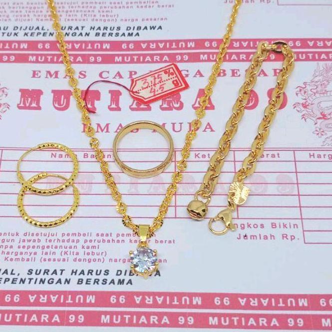 NEW PROMO TERLARISS 1 SET PERHIASAN KALUNG, GELANG, ANTING, CINCIN EMAS MUDA FREE SURAT RESMI DARI T
