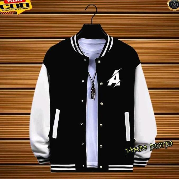 COD - Jaket Distro Varsity / Jaket Baseball Logo Font / Huruf Inisial A Text Putih Distro Fleece Cas