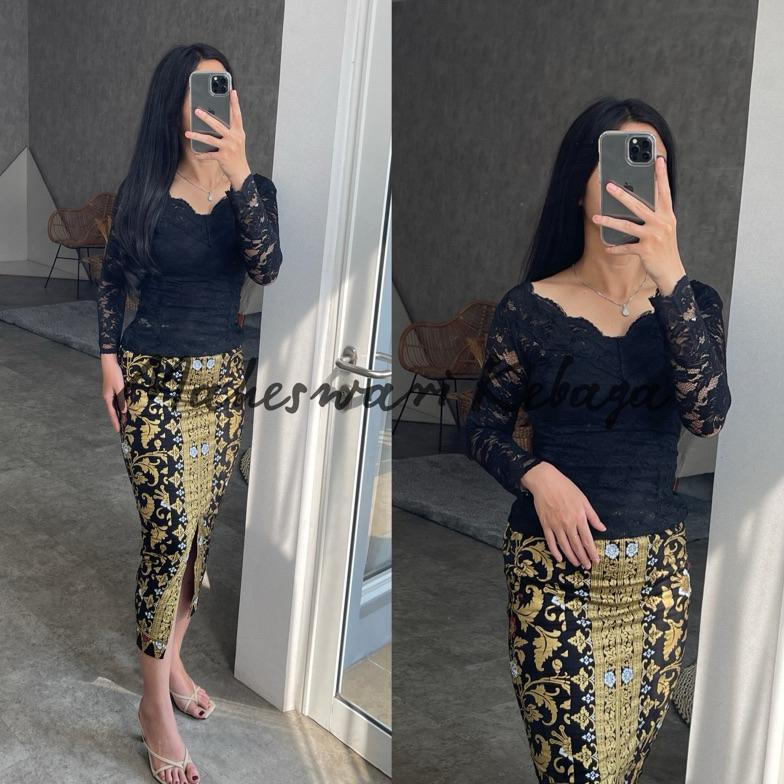 Best Seller Kebaya Bali Set Brukat Sabrina Hitam V-Neck Brokat