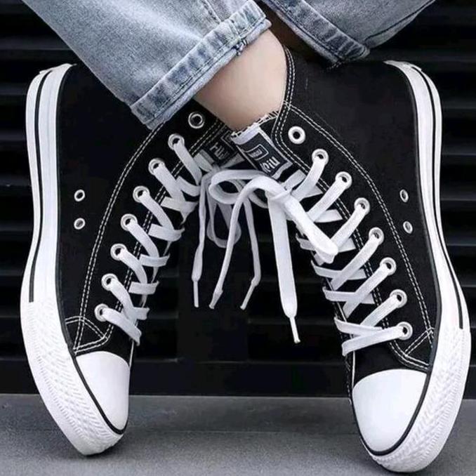 Sneakers High sekolah Hitam putih Karet Casual