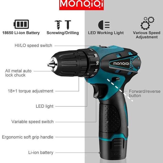 Promo Monqiqi  Cordless Bor Listrik  2 Speed Cordless Drill Set Bor Listrik Tools 12V Bor Tangan Mul