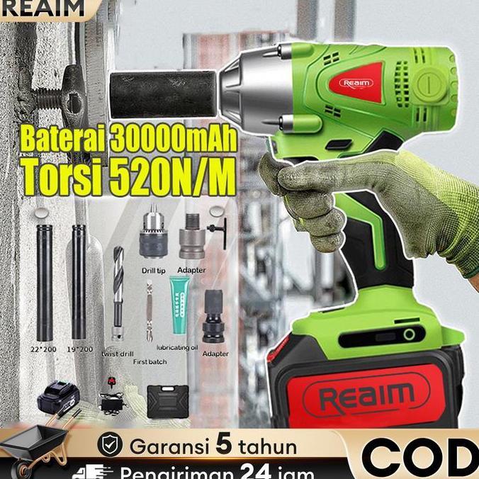 Murah Reaim 288V Cordless Impact Wrench 2 Baterai Cordless Mesin Pembuka Baut Ban Bor Set Impak Buka