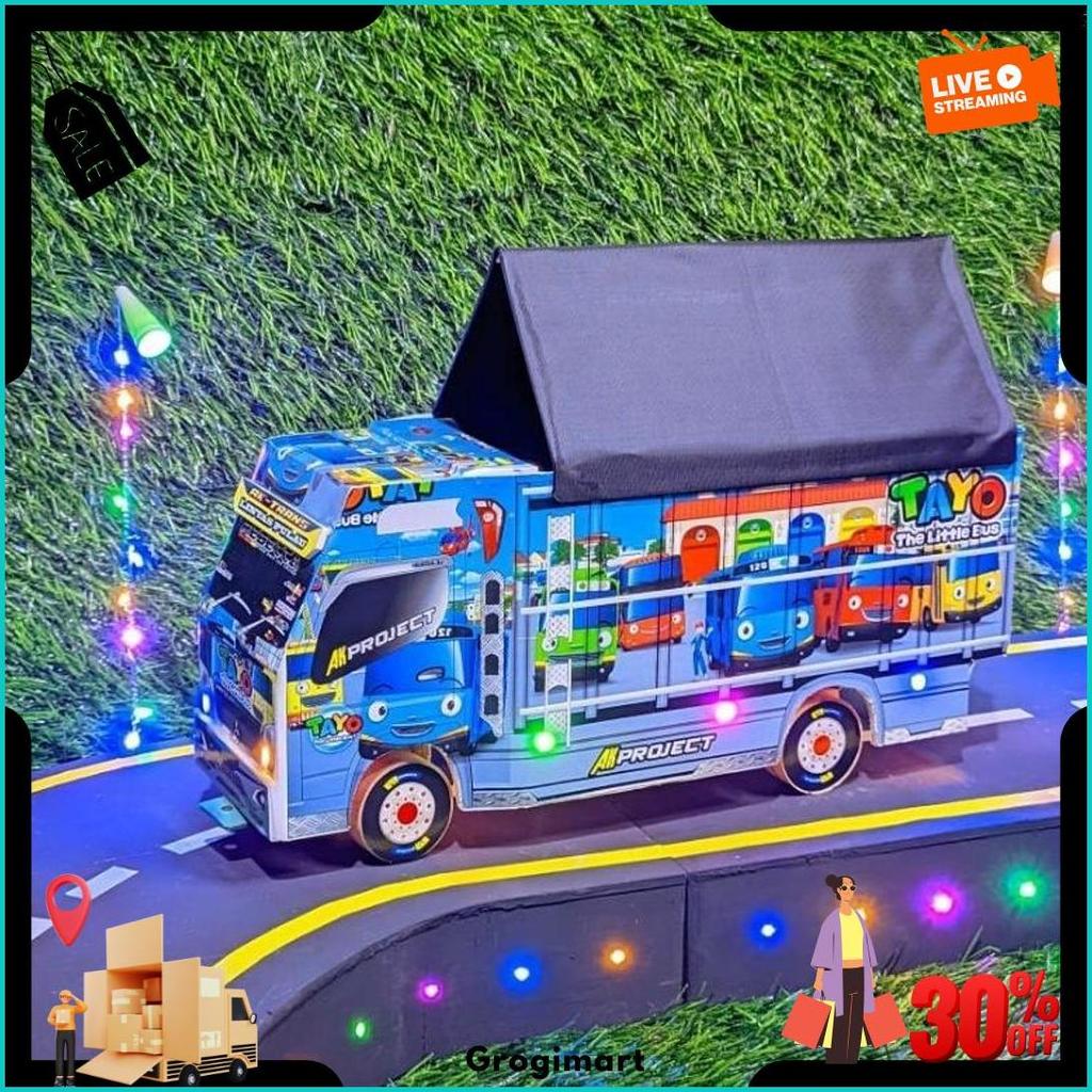 Truk Oleng Miniatur Kayu Asli Full Variasi New Tawakal 5 Putih Lampu Kelap Kelip Terpal Roda Kayu Ma