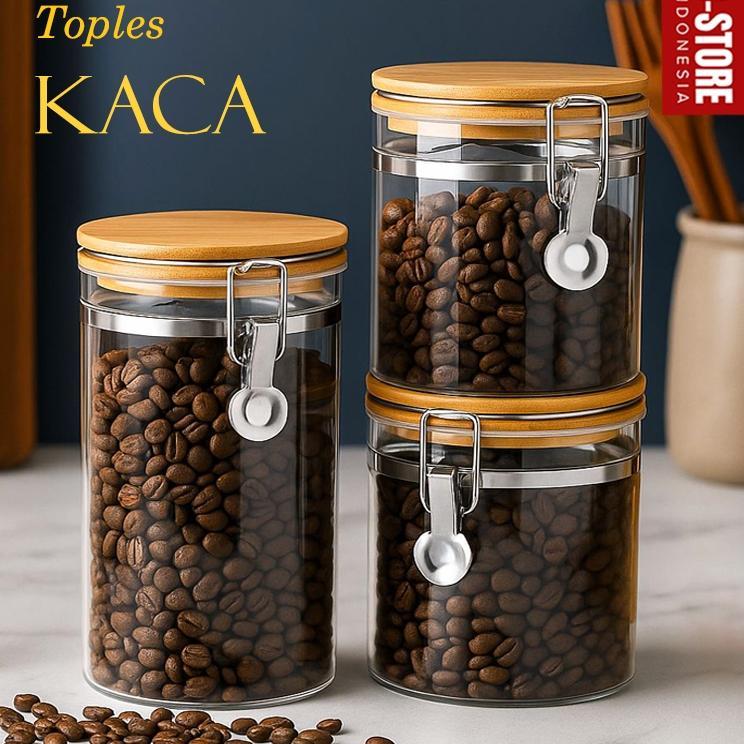 Toples Kedap Udara Toples Kaca Dan Tutup Kayu Dan Seal Toples Kopi Gula Teh Coffee Canister Glass St