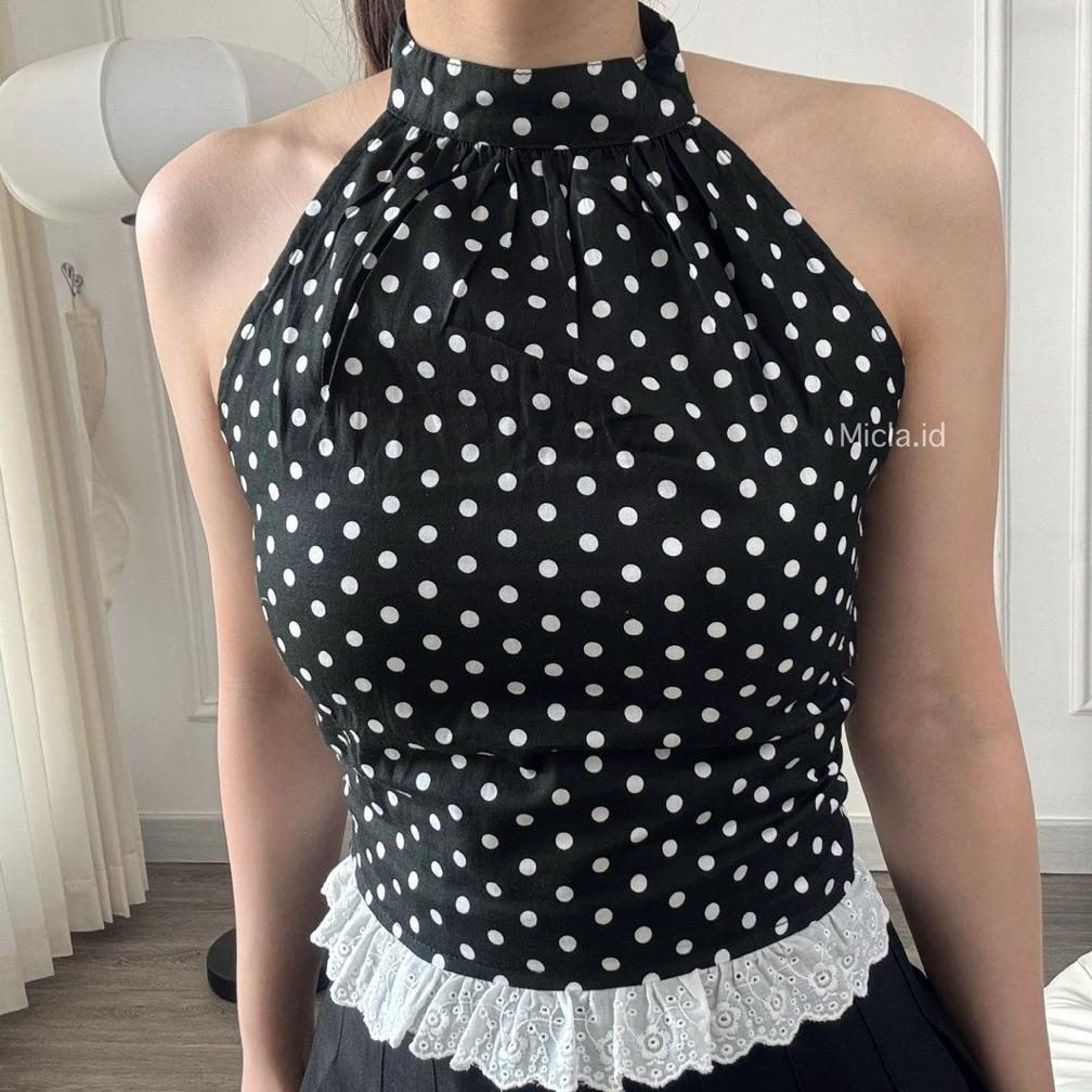 BEST DEALS MICLA - Kezia Top | Atasan Wanita Polkadot Halter Top | Tanktop Wanita Kekinian Polkadot 