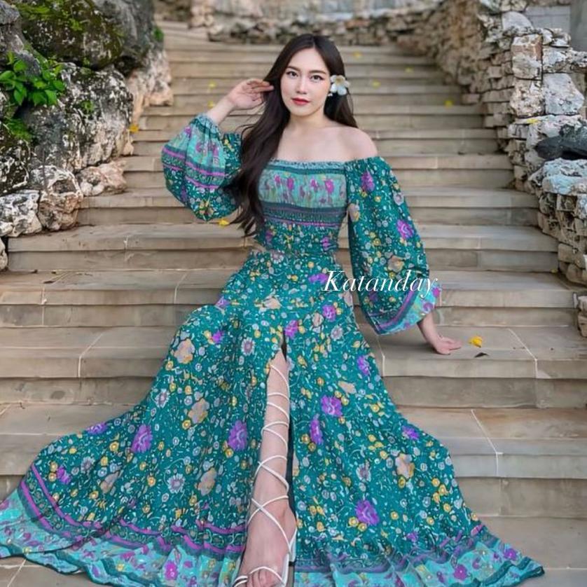 Katan Bali Kalene Set Long Dress, Sabrina Set Lengan Panjang, One Set Sabrina Dan Rok