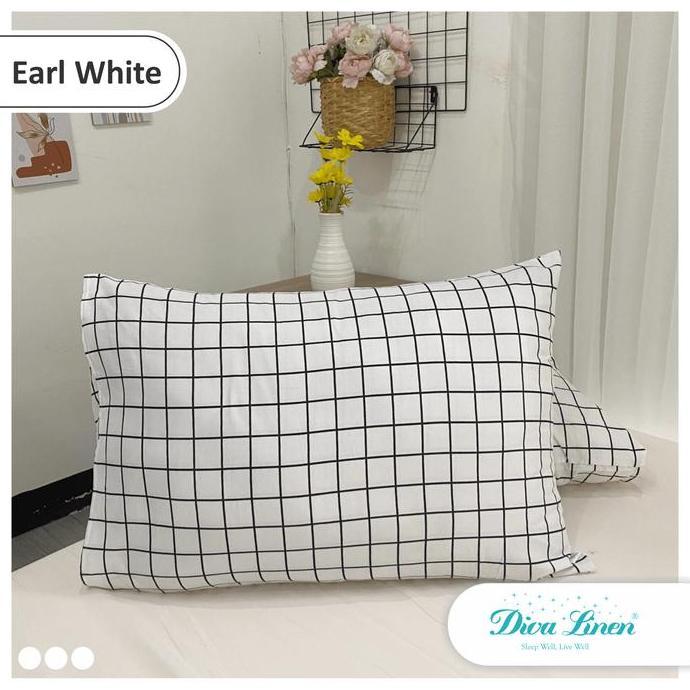 Diva Linen Sarung Bantal dan Guling - Benang Kain Microtex Motif Kotak Kotak Earl White