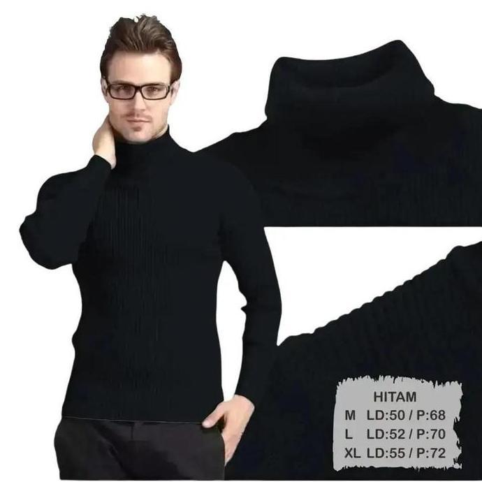 liso wear - Kaos Kerah Leher Tinggi Turtleneck Pria Lengan Panjang Waffle Baju Polos Hitam