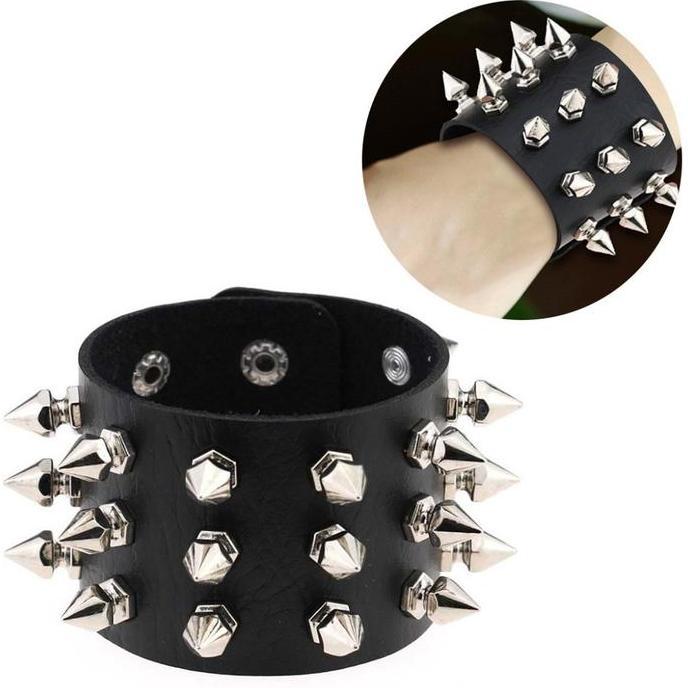 Sasakaranza - Gelang Spike Gelang Punk Rock 3 Baris Paku Bracelet Punk Rock Gelang Duri Punk Aksesor