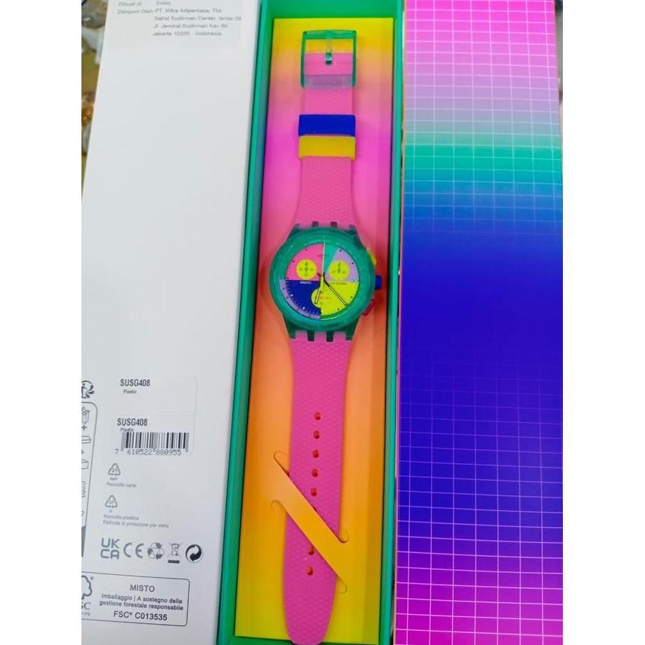 Ready  Swatch CHrono Jam Tangan Pria Strap Karet SUSG408 SWATCH NEON FLASH ARROW Original