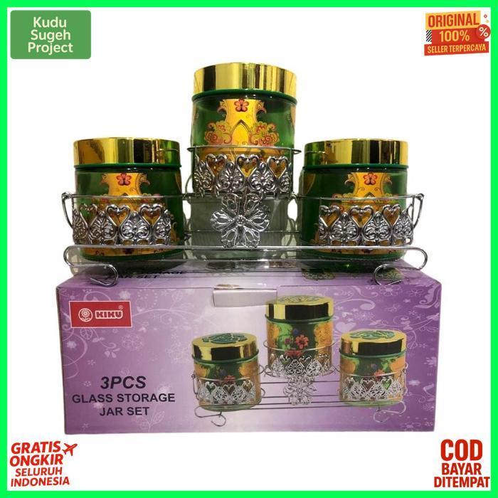 New Kb - Toples Kaca Set 3 In 1 + Rak Stainless Steel Motif Print | Toples Set Lebaran Mewah | Tople