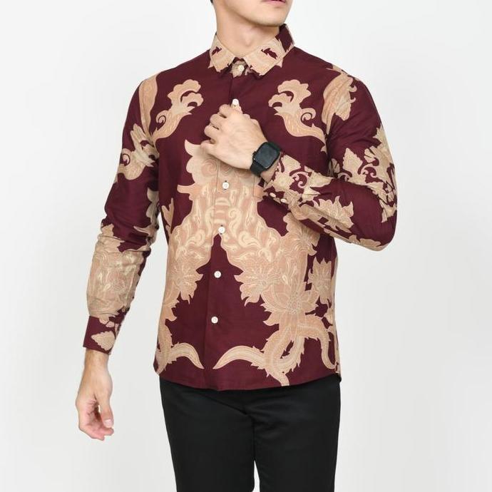 New KEMEJA BATIK PRIA SLIM FIT BAJU BATIK PRIA SLIM FIT LENGAN PANJANG MERAH GOLD ACS 348