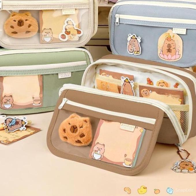 TERLARIS Pensil Case Korea Aesthetic - Tas Alat Tempat Pensil Capybara Sekat Kapasitas Besar dengan 