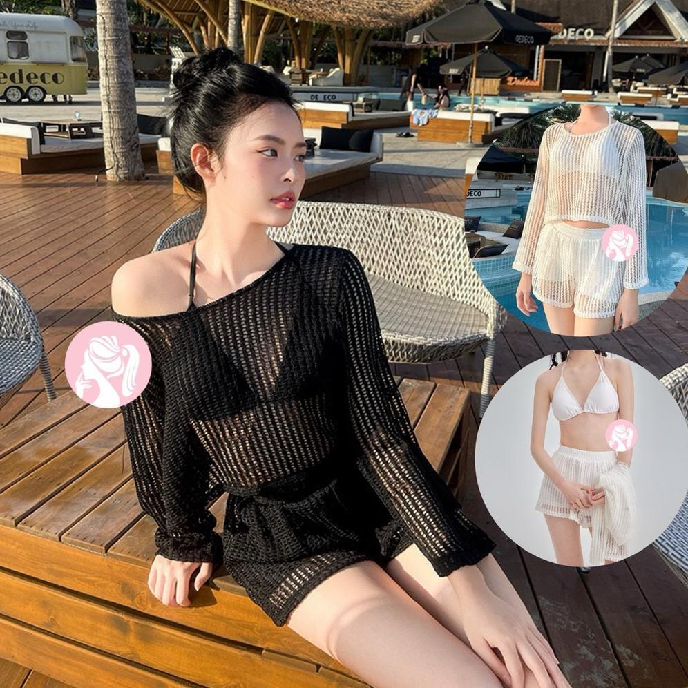 Lady Swimsuit Three Piece Set Bikini Swimwear + Outer Baju Pantai Motif Jaring Sexy Look Beachwear 8