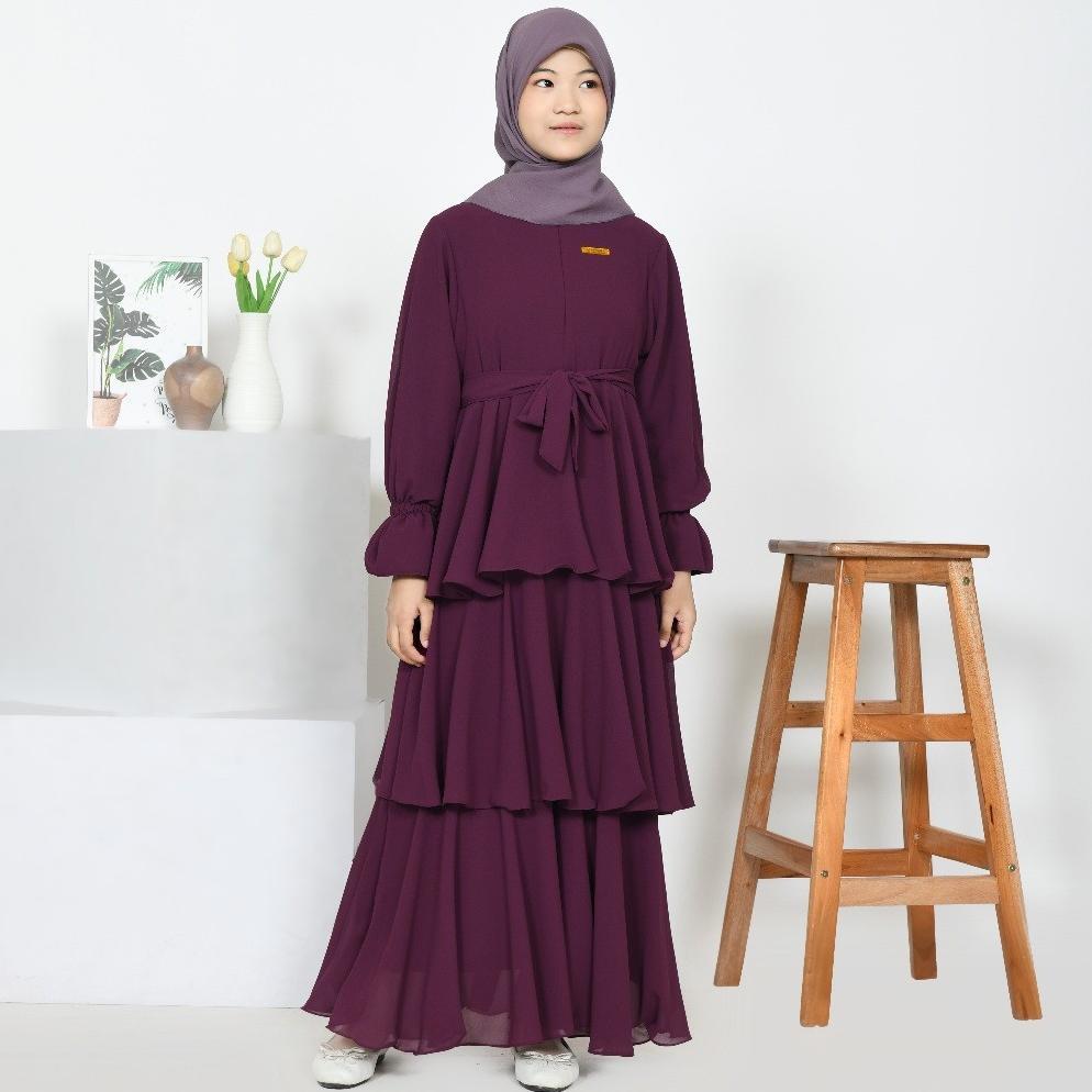 BEST SELLER Elsa Gamis Anak Perempuan Remaja Tanggung Burgundy Ceruty Babydoll Kekinian Long Dress M