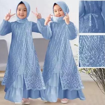 NEW DEALS Gamis Anak Perempuan Olivia Kids Maxy BO Bahan Kain Saten Velvet Mix Tile Mutiara Size  S 