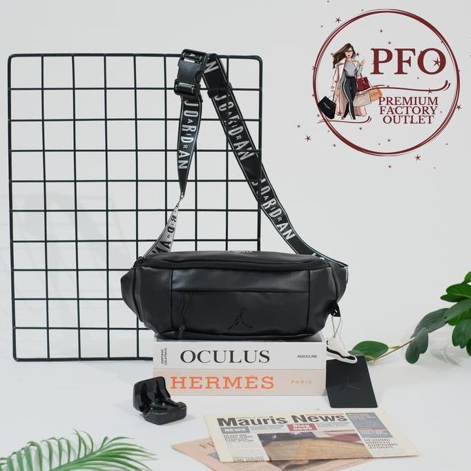 NEW READY STOCK TAS AIR JORDAN BELT BAG - WAISTBAG LOGO LEATHER BLACK ORI