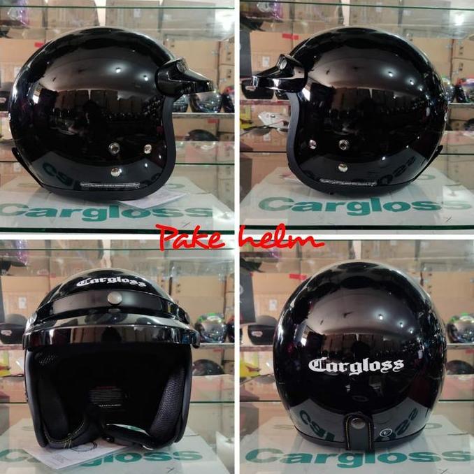 NEW HELM CARGLOSS CF RETRO ARMY DEEP BLACK HITAM GLOSSY CARGLOS HALF FACE ORI