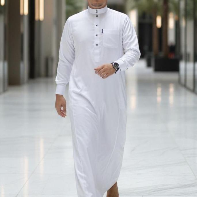 Wekup Jubah Putih Gamis Pria Muslim Dewasa Emran 2 Lengan Manset Panjang Putih Simple Kancing