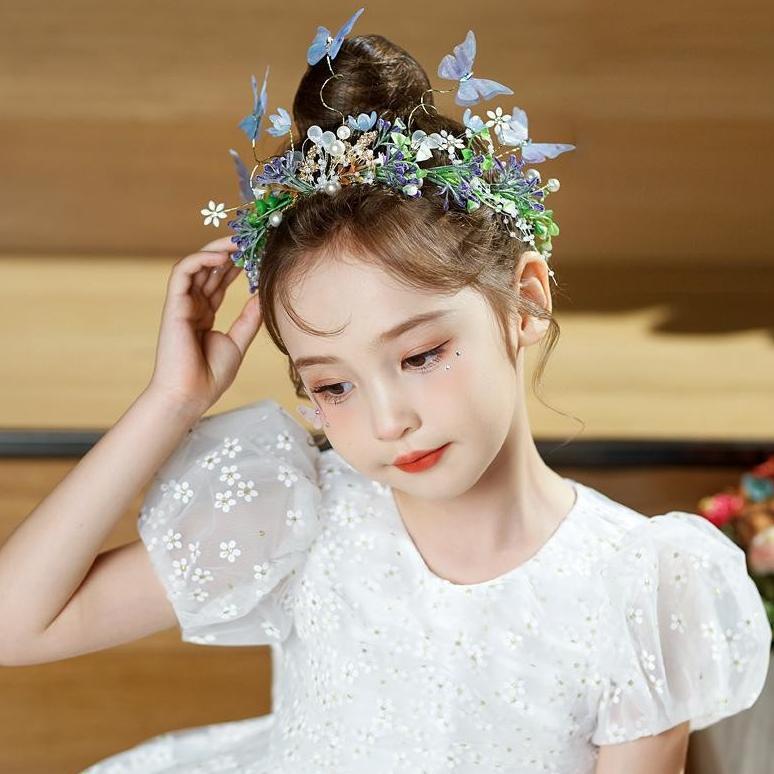 TERBARU TOPI PERI KUPU-KUPU, HIASAN RAMBUT MAHKOTA BUNGA BIRU UNTUK ANAK PEREMPUAN, MAHKOTA PESTA DA
