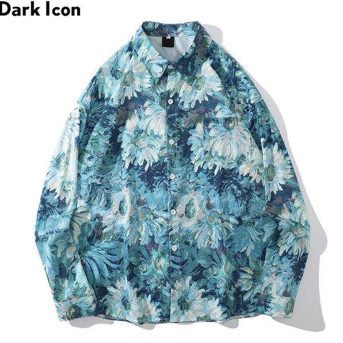 Dark Icon Tie Dye Floral Long Sleeve Shirts Men Summer Turn-down Collar Oversized Men's Shirts Pria 